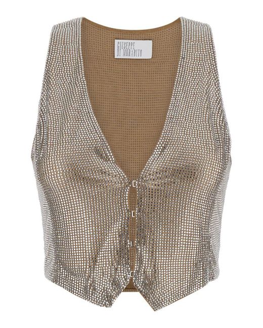 GIUSEPPE DI MORABITO Gray Silver/clear Beige V-neck Crop Vest In Technical Fabric Woman