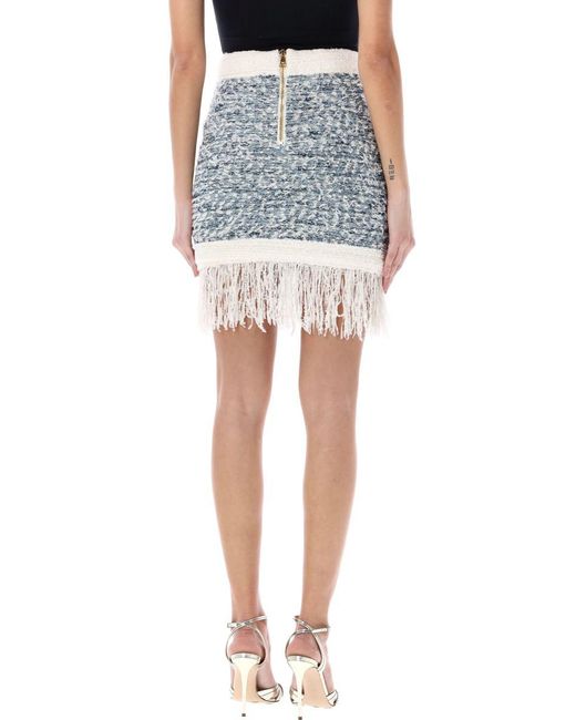 Balmain Blue Fringed Denim Tweed Skirt