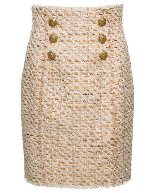 Balmain Natural Tweed Skirt With Front Golden Buttons