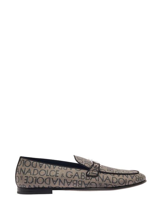 Dolce & Gabbana White 'ariosto' Beige Loafers With Logo Plaque In Coated Canvas Man for men