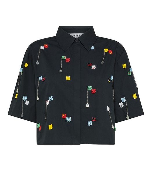 MSGM Black Cropped Cotton Shirt With Embroidered Beads