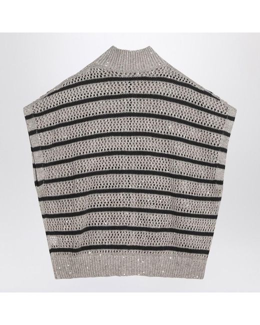 Brunello Cucinelli Gray Striped Mesh Cardigan