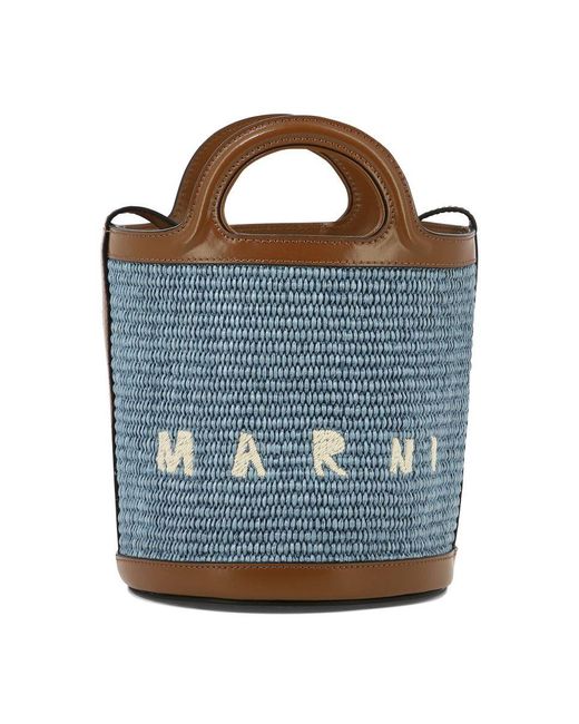 Marni Blue Leather And Raffia Tropicalia Handle Bag