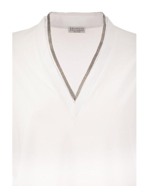 Brunello Cucinelli White Stretch Cotton Jersey T-Shirt With Precious Neckline