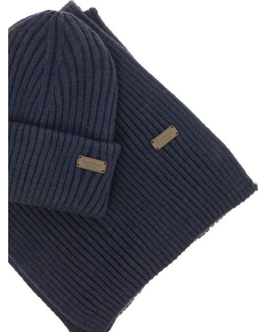 Barbour Blue "crimdon" Scarf And Beanie Ribbed Set for men