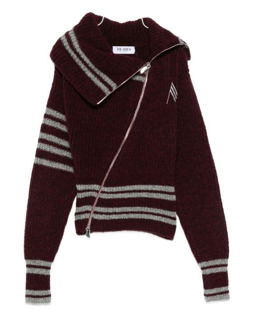 The Attico Brown Striped Cardigan With Asymmetrical Zip Closure
