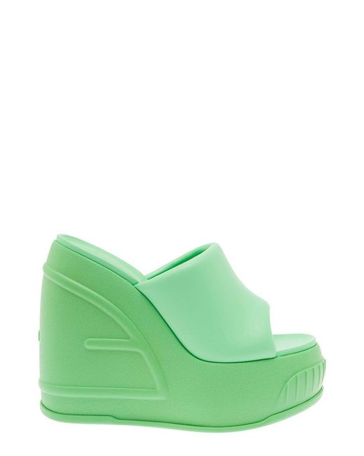 Fendi Green Platform Slides With Embossed Oversized Ff Pattern In Leather Woman
