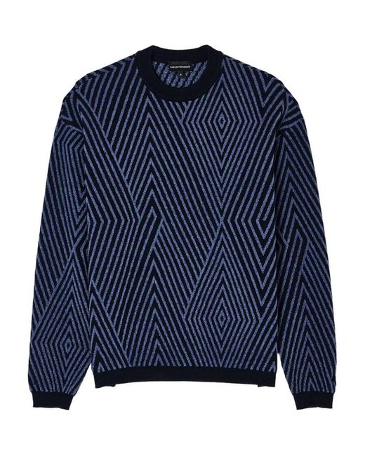 Emporio Armani Blue Geometric-Pattern Wool Sweater for men