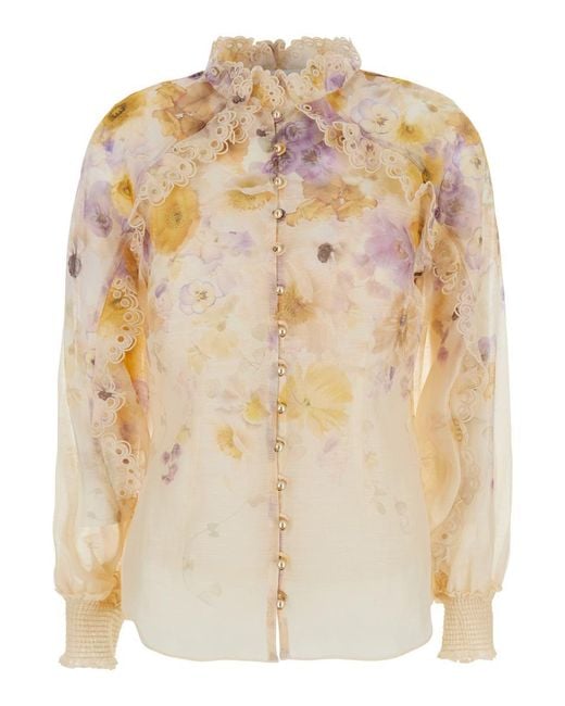Zimmermann Natural Blouse With Floral Print And Ruched Details