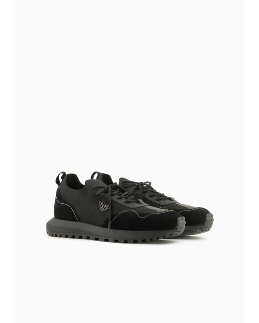 Emporio Armani Black Knit Sneakers With Suede Details for men
