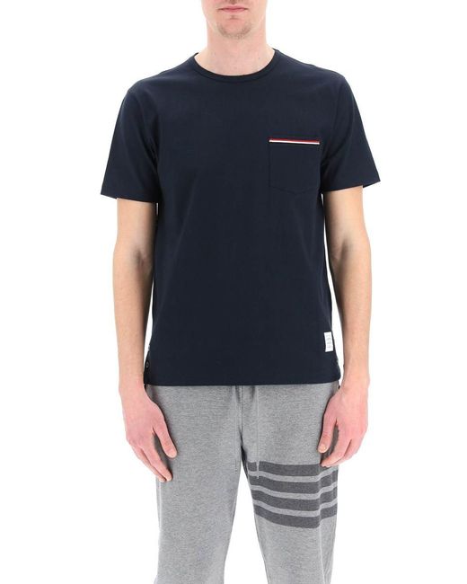 Thom Browne Blue T-shirt With Tricolor Pocket for men