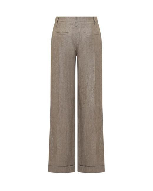 Brunello Cucinelli Gray Loose Flared Trousers In Sparkling Twill Linen With Monile