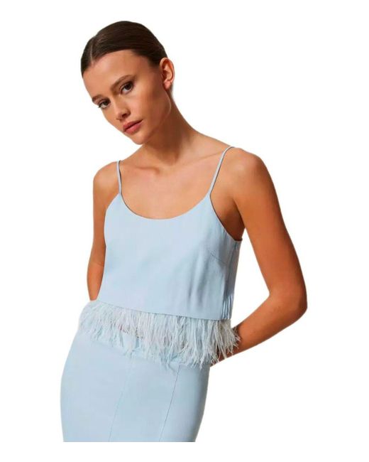 Twin Set Blue Light Crop Top With Feathers