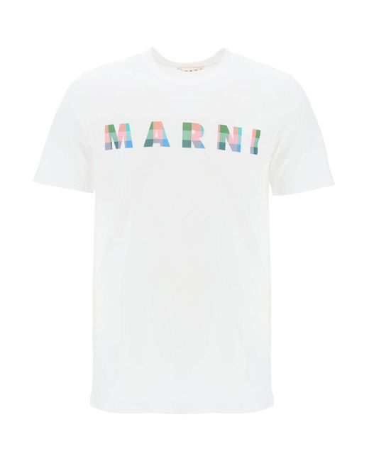 Marni White "Checked Logo T-Shirt With Square for men