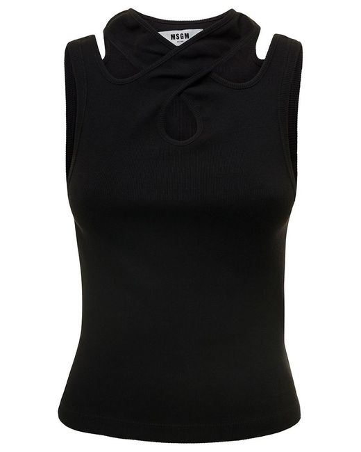 MSGM Black Ribbed Tank Top With Cut-Out Detailing