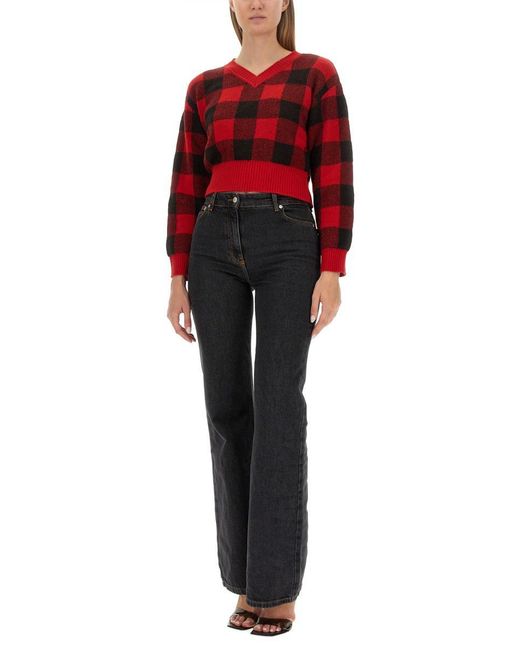 Moschino Cropped V-Neck Sweater With Checkered Pattern