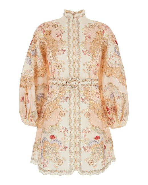 Zimmermann White 'Daylight' Midi Dress With Long Puffed Sleeves And All-Over Floral Print