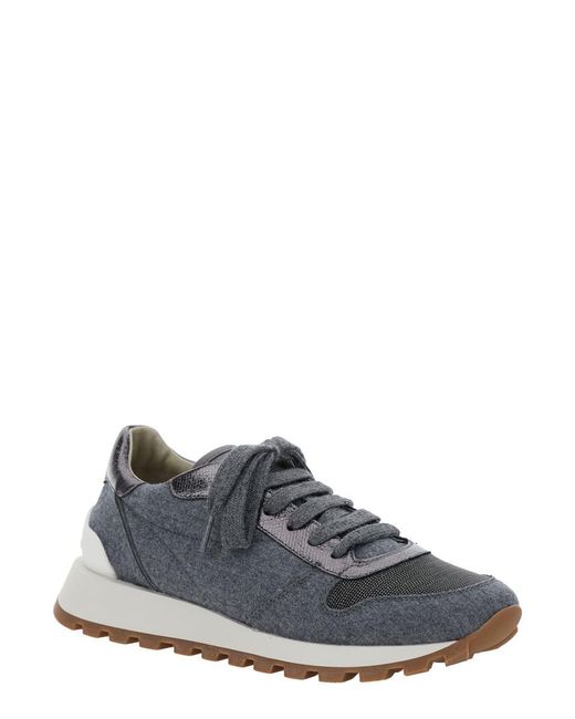 Brunello Cucinelli Gray Grey Low Top Sneakers With Monil Detail On The Side And Embossed Logo Lettering On The Rear In Fabric Woman