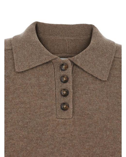 Loulou de Saison Brown Polo Shirt Style Sweater With Classic Collar And Ribbed Trims