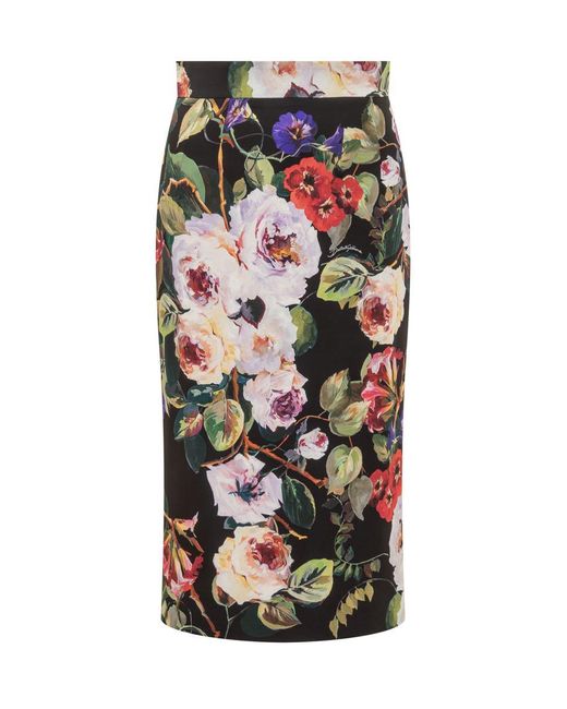 Dolce & Gabbana Black Rose Garden Silk Charmeuse Longuette Skirt
