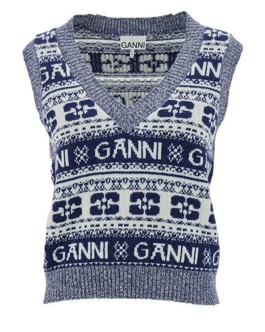 Ganni Multicolor Logo-intarsia V-neck Wool-blend Vest