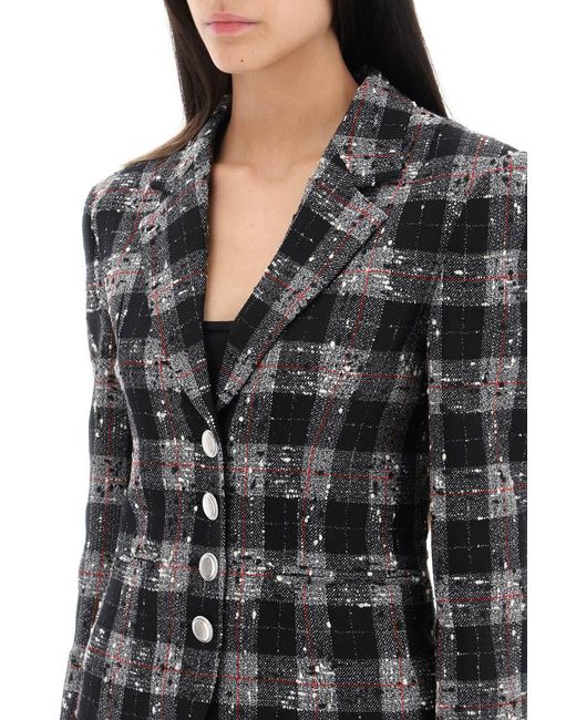 Alessandra Rich Black Single-breasted Jacket In Boucle' Fabric With Check Motif