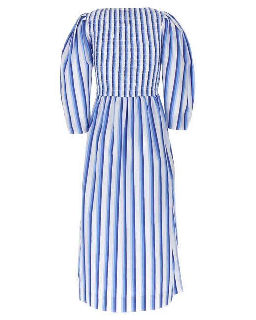 Ganni Blue Stripe Smock Stitch Dress