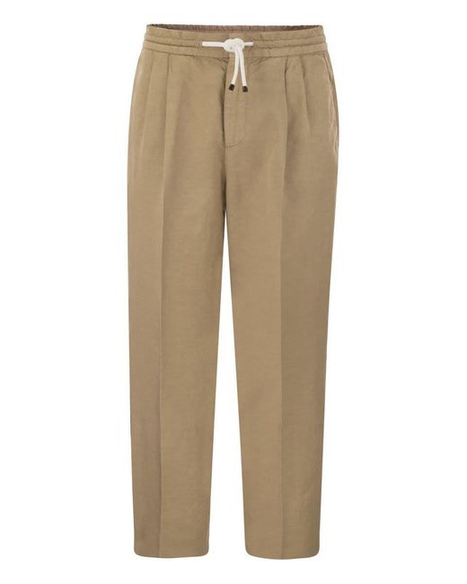 Brunello Cucinelli Natural Leisure Fit Trousers In Linen And Cotton Gabardine for men