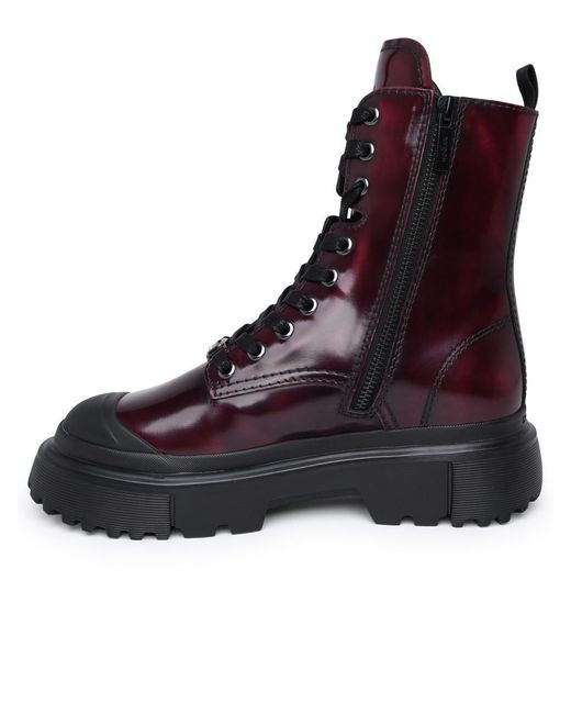 Hogan Purple H619 Burgundy Leather Combat Boots