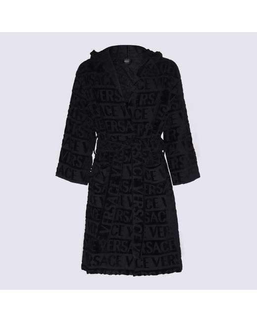 Versace Black Cotton Crystal Hood Bath Robe