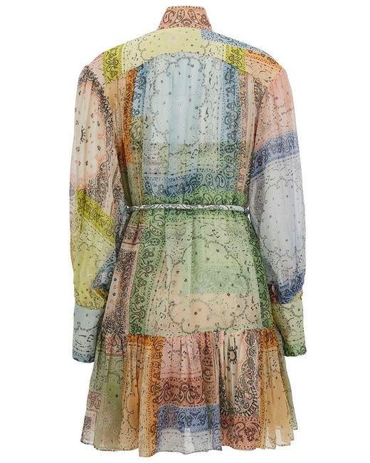 Zimmermann Mini Multicolor Patchwork Dress With Belt In Cotton And Silk Woman
