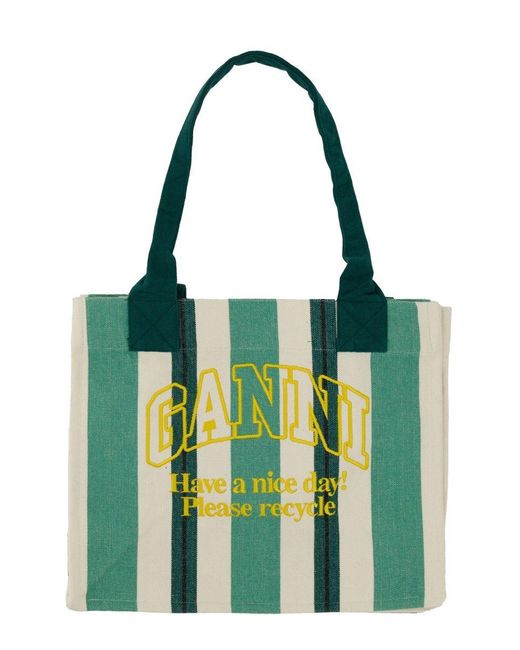 Ganni Green Canvas Tote Bag