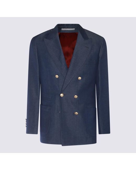 Brunello Cucinelli Blue Linen-Wool Blend Blazer for men