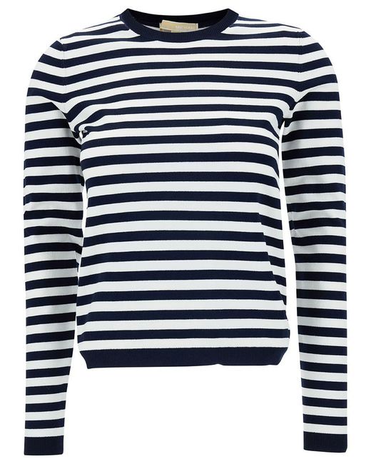 Michael Kors Blue And Striped Sweater With Logo Patch