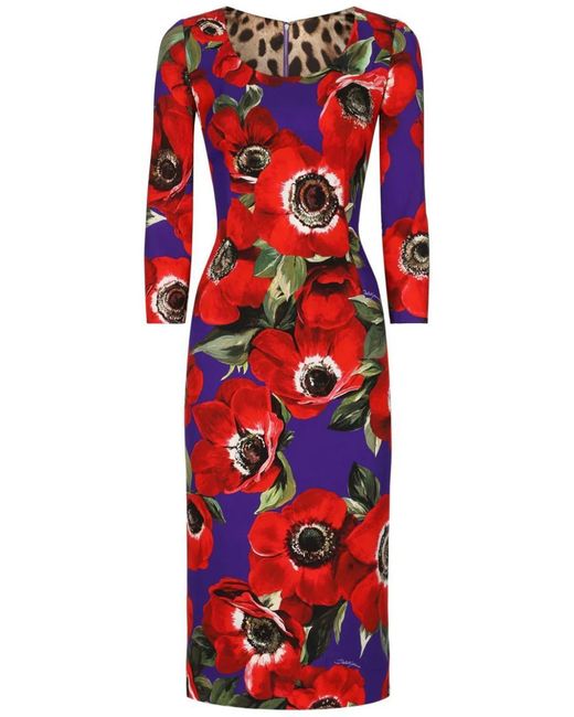 Dolce & Gabbana Red Midi Dress With Print