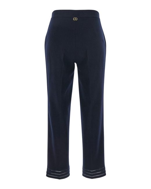 Twinset Blue Pants With Logo Plaque On The Back And Detail On The Edges