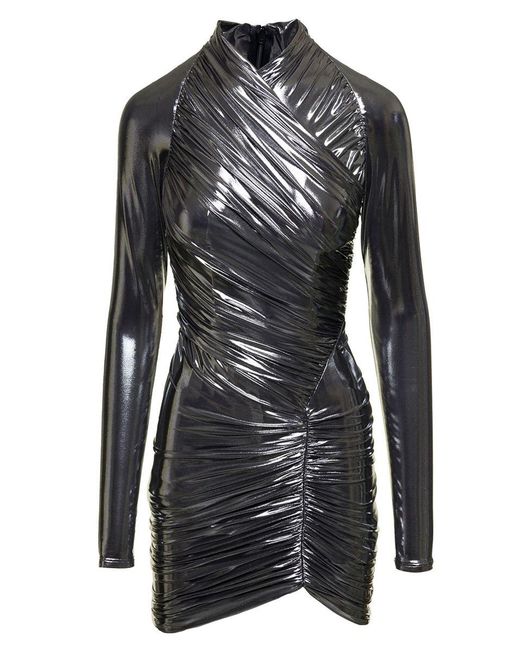 Ferragamo Black Mini Silver-colored Gathered Dress In Laminated Fabric Woman
