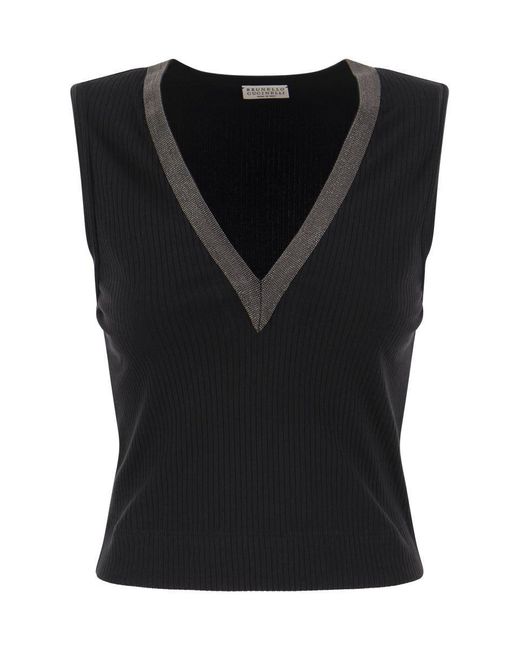 Brunello Cucinelli Black Stretch Cotton Rib Jersey Top With Shiny Collar
