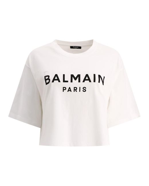 Balmain White Logo Cropped Cotton T-Shirt