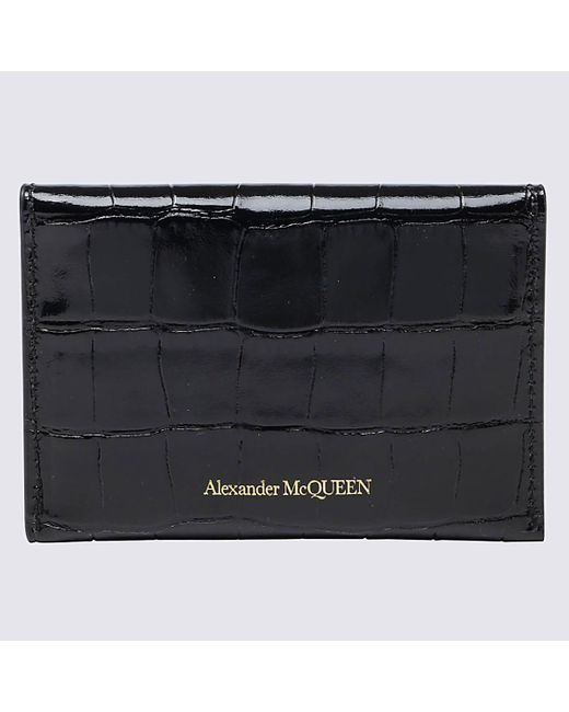 Alexander McQueen Black Skull Embossed Croc Leather Card Holder
