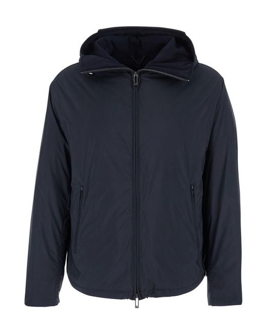 Emporio Armani Blue Down Jacket With Hood And Front Zip Closure for men