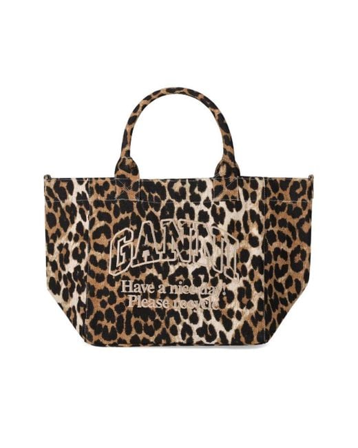 トートバッグ Ganni Shopping leopard embroidery logo Ganni Leopard Print Small Shopping Bag in Black | Lyst