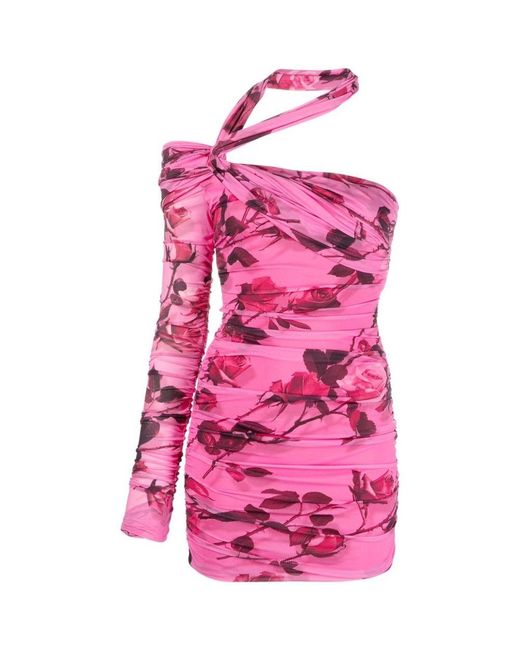 Blumarine Pink Rose Print One-Shoulder Mini Dress