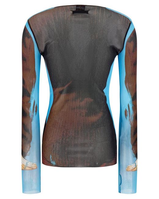 HAUT (TOP) JEAN PAUL GAULTIER JUNIOR - SOIE BLEUE, BRODERIE ARTISANALE, FERMETURE ÉCLAIR DEVANT - TAILLE S