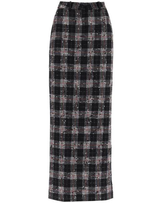 Alessandra Rich Black Maxi Skirt In Boucle' Fabric With Check Motif