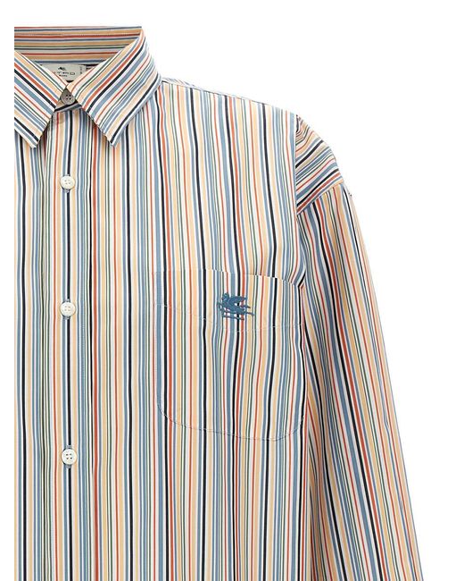 Etro White Oversized Multicolor Shirt With Stripe Motif And Pegasus Embroidery In Cotton Woman