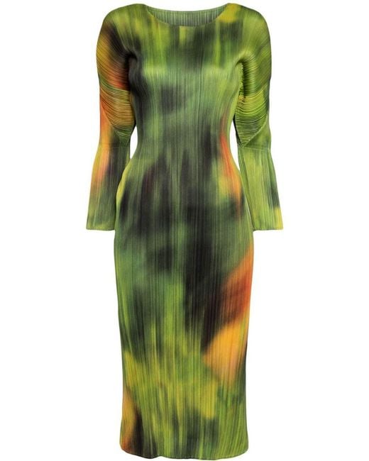 Pleats Please Issey Miyake Green Printed Pleated Midi Dress