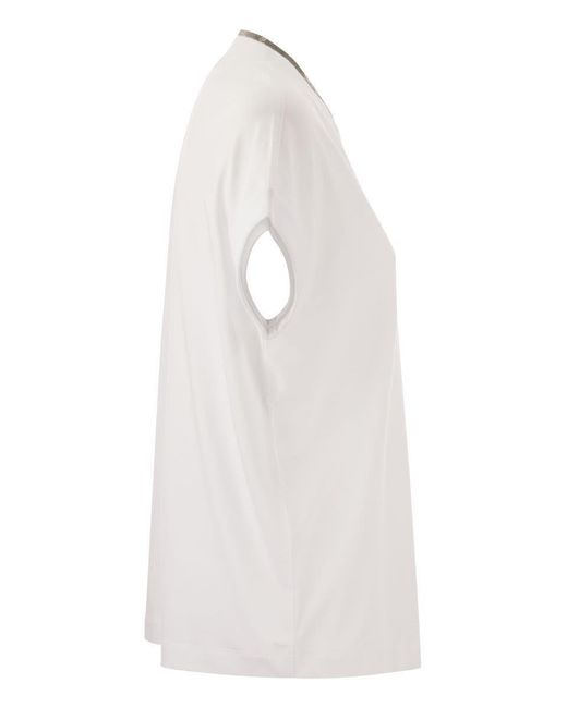 Brunello Cucinelli White Stretch Cotton Jersey T-Shirt With Precious Neckline