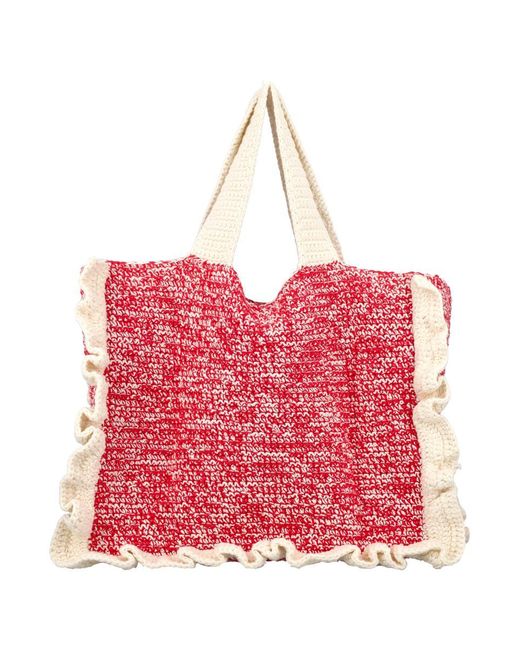 Ganni Red Crochet Frill Tote Solid Bag