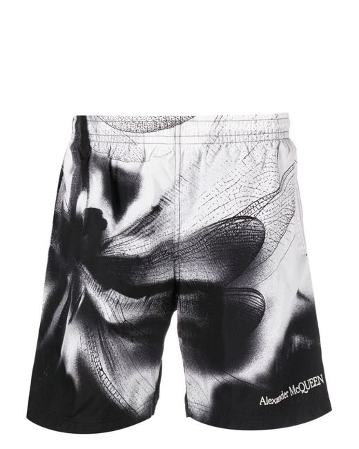 Alexander McQueen Gray Dragonfly Print Swim Shorts for men